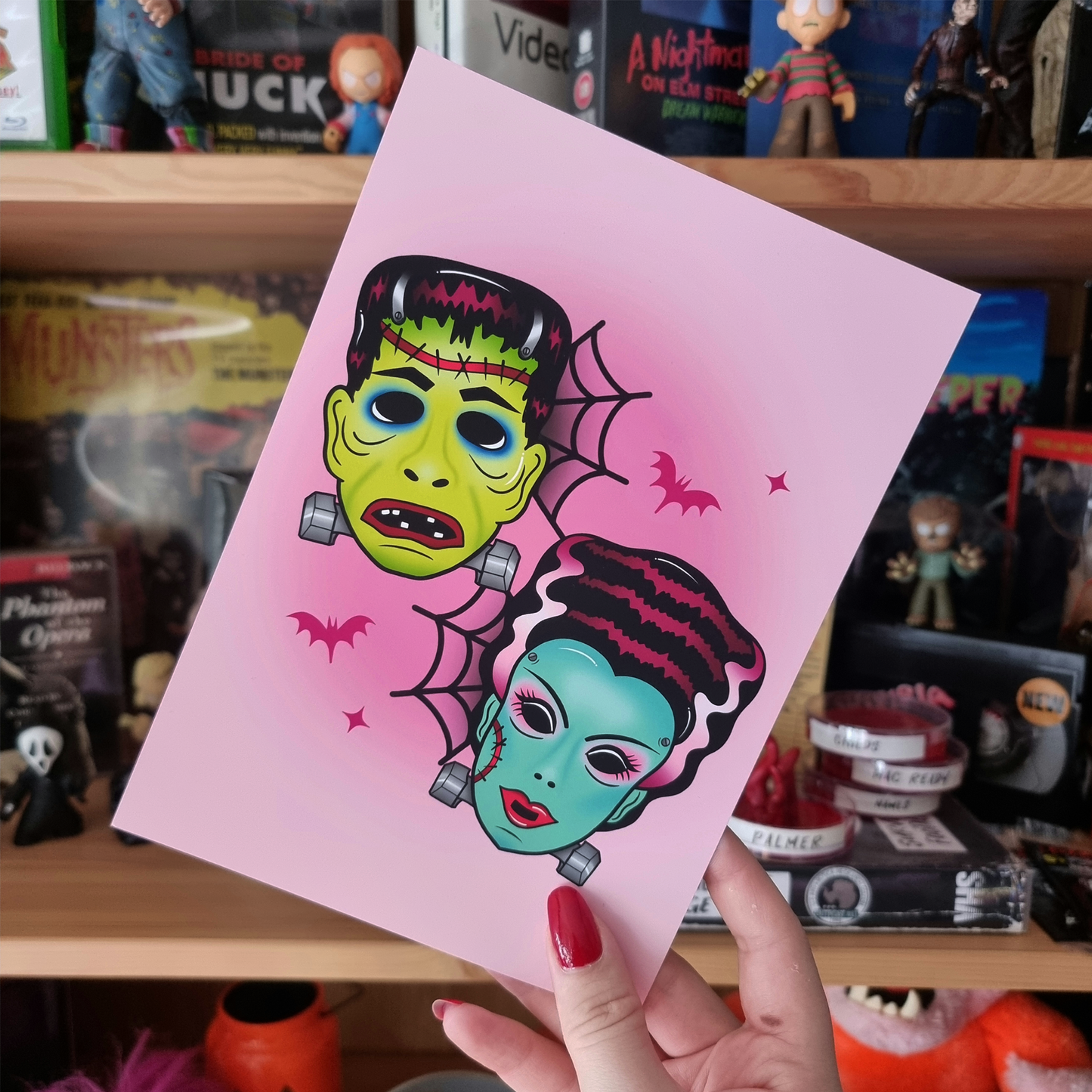 Retro Bride & Frankie Masks Art Print